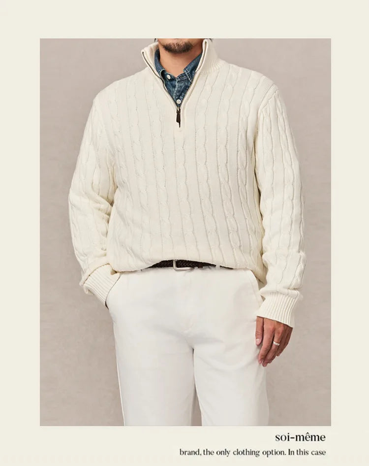 Autumn and winter retro half turtleneck zipper cashmere sweater men's loose pullover cable knit sweater coat trend