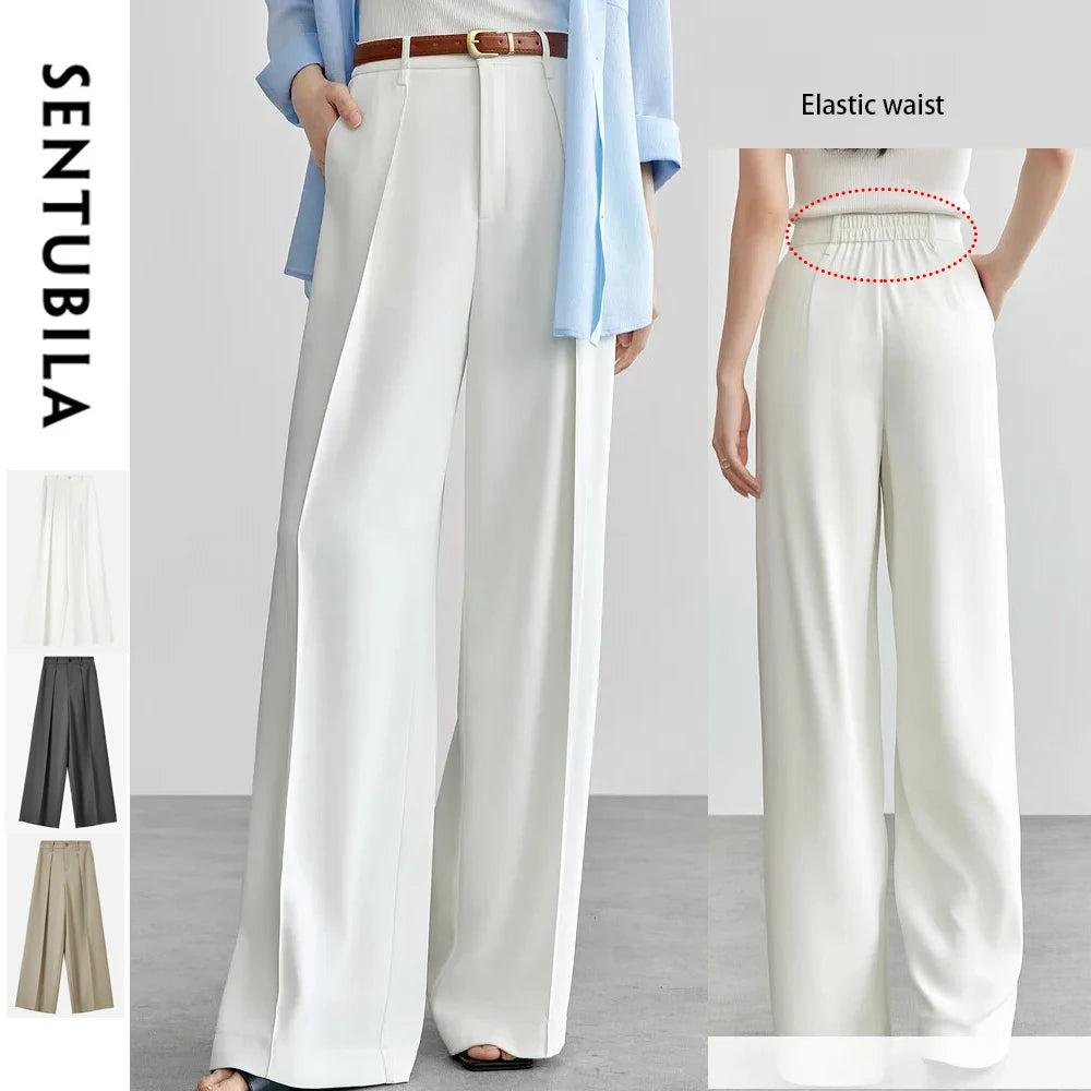 SENTUBILA Women's Tailored Trousers Formal Solid High-waist Folds Twill Workwear Pockets Full-length Pants 2025 Spring 151K57704