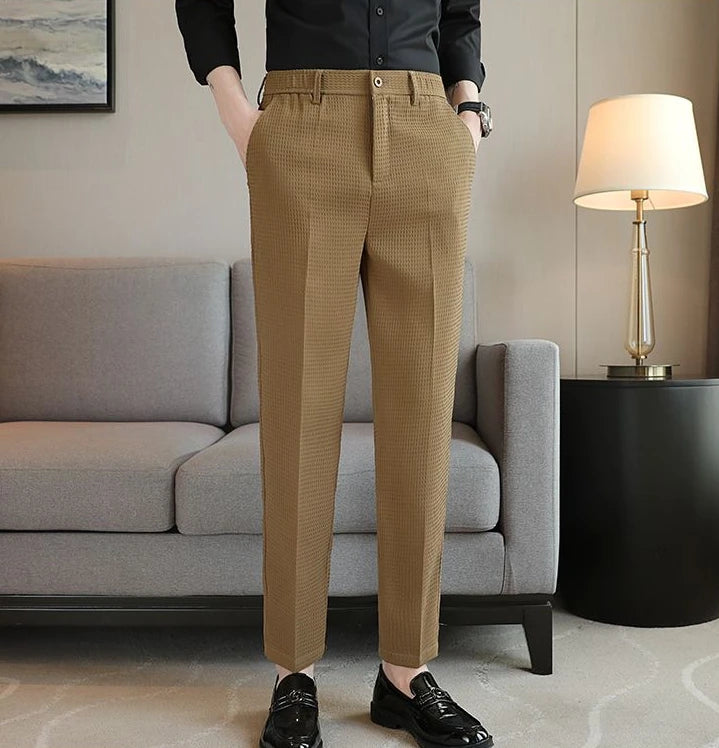 Trousers For Men Social Tailoring Slim Fit Khaki Business Waffle Tressed Work Wear Man Suits Pants Luxury Luxury Spring Clothes