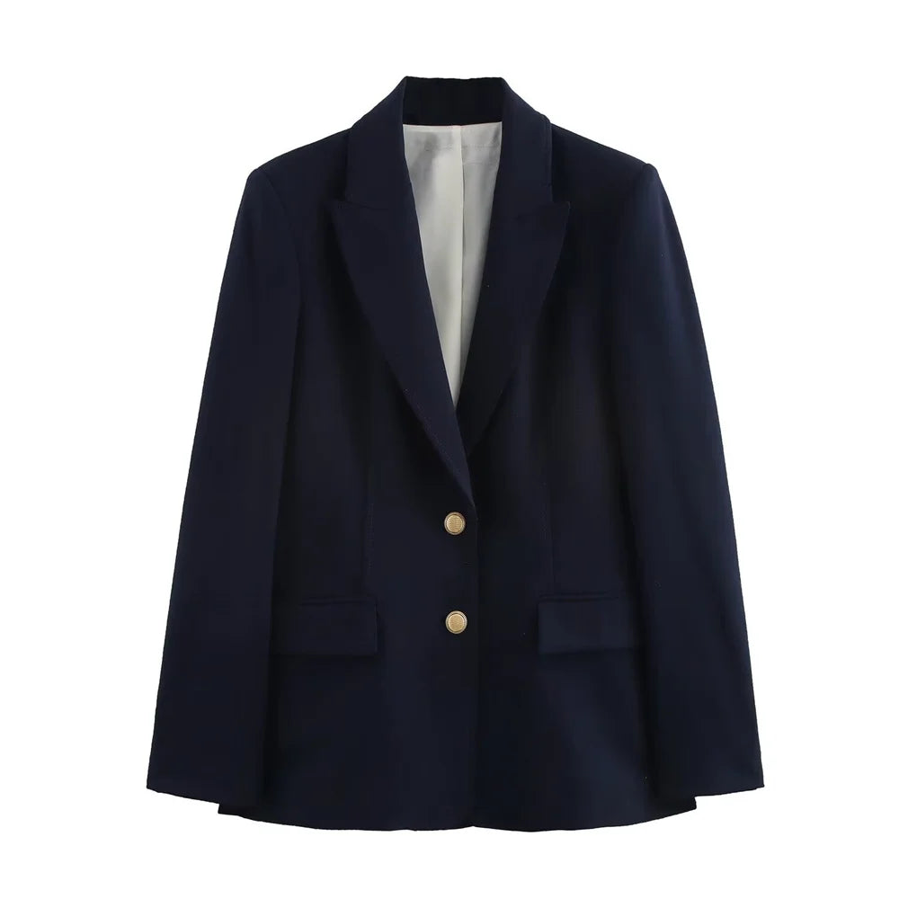 PB&ZA Women's Navy Blue Single Breasted Blazer Gold Buttons Classic Lapel and Pockets Ideal for Professional and Stylish Looks