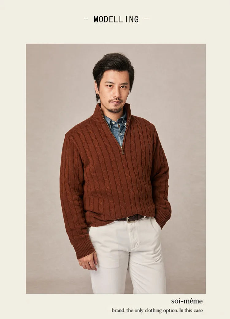 Autumn and winter retro half turtleneck zipper cashmere sweater men's loose pullover cable knit sweater coat trend
