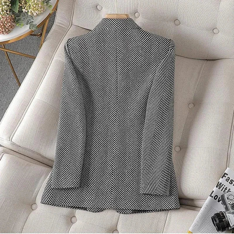 Women Coffee Stripe Formal Blazer New Long Sleeve Suit Coat Notched Collar Business Jacket Ladies Office Blazers Outerwear 4XL