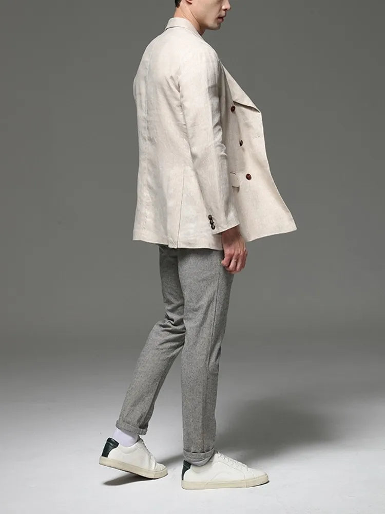 Fashion Summer Men Linen Blazer Suit Coat  Blazer Solid Color Jacket Double Breasted Slim Fit Breathable Business Work Casual