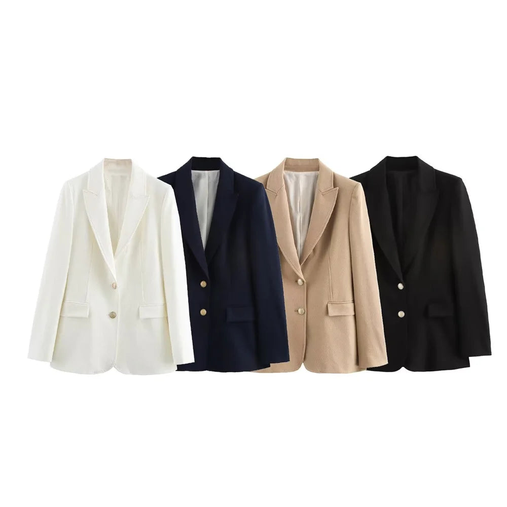 PB&ZA Women's Navy Blue Single Breasted Blazer Gold Buttons Classic Lapel and Pockets Ideal for Professional and Stylish Looks