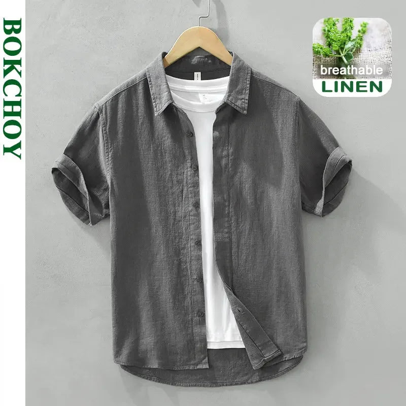 Summer New Linen Cotton Casual Shirt for Men Clothing Vintage Short Sleeve Streetwear C2759