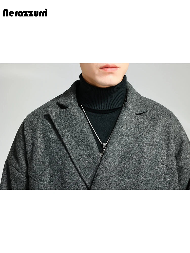 Nerazzurri Autumn Winter Grey Warm Fluffy Woolen Coat for Men Double Breasted Loose Casual Korean Fashion Wool & blends Coat