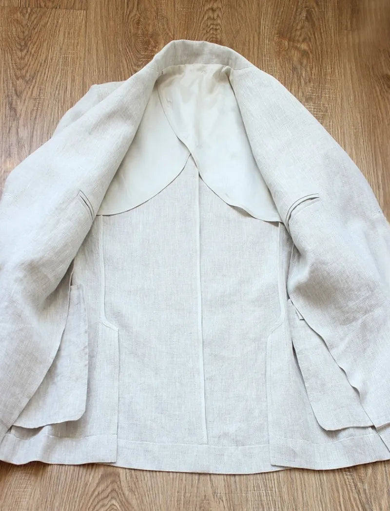 Fashion Summer Men Linen Blazer Suit Coat  Blazer Solid Color Jacket Double Breasted Slim Fit Breathable Business Work Casual