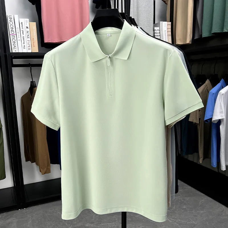 Men's Half-Zip Polo Shirt Light Beige Breathable Casual Slim Fit Stretch Cotton Classic Collar Business Casual Tops