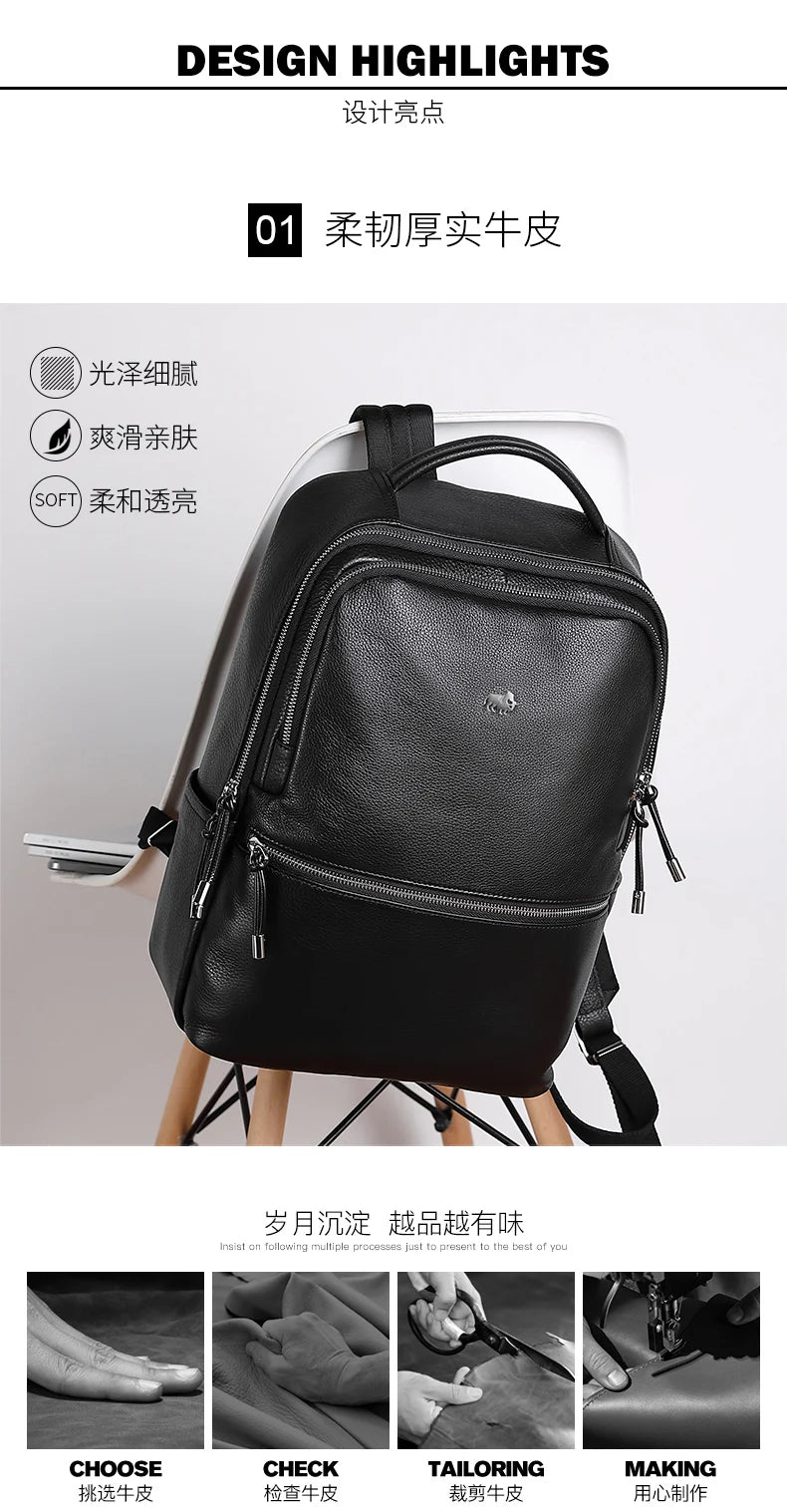BISON DENIM New Genuine Leather Men Backpack Laptop School Backpack Bag 2025 Fashion Waterproof Travel Bag Casual Book Bag