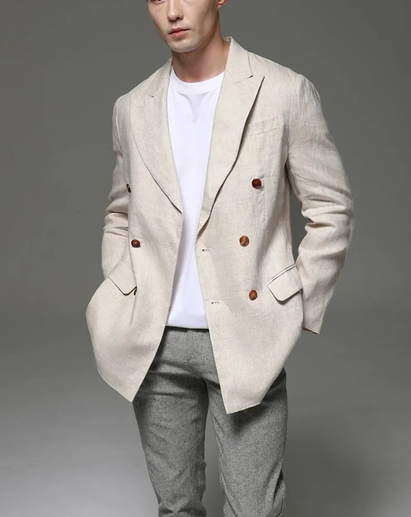 Fashion Summer Men Linen Blazer Suit Coat  Blazer Solid Color Jacket Double Breasted Slim Fit Breathable Business Work Casual