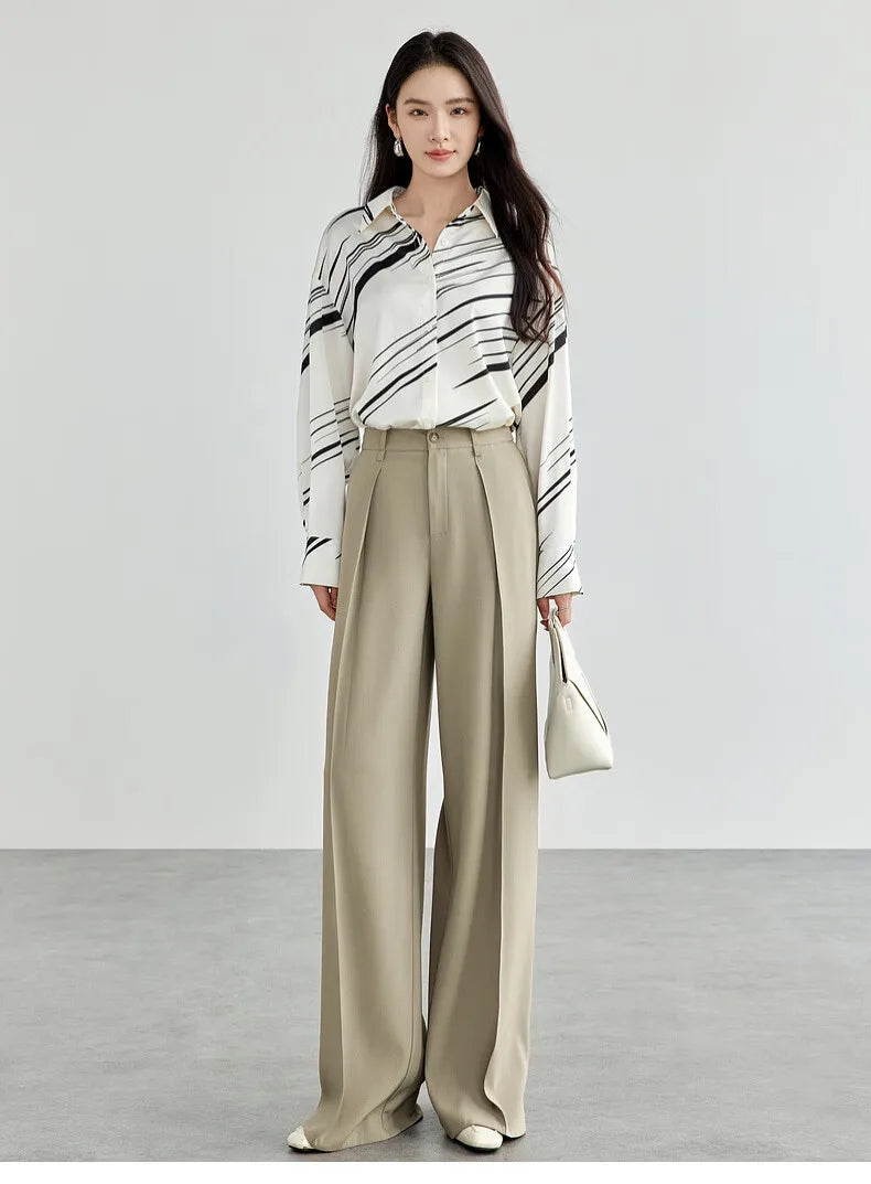 SENTUBILA Women's Tailored Trousers Formal Solid High-waist Folds Twill Workwear Pockets Full-length Pants 2025 Spring 151K57704