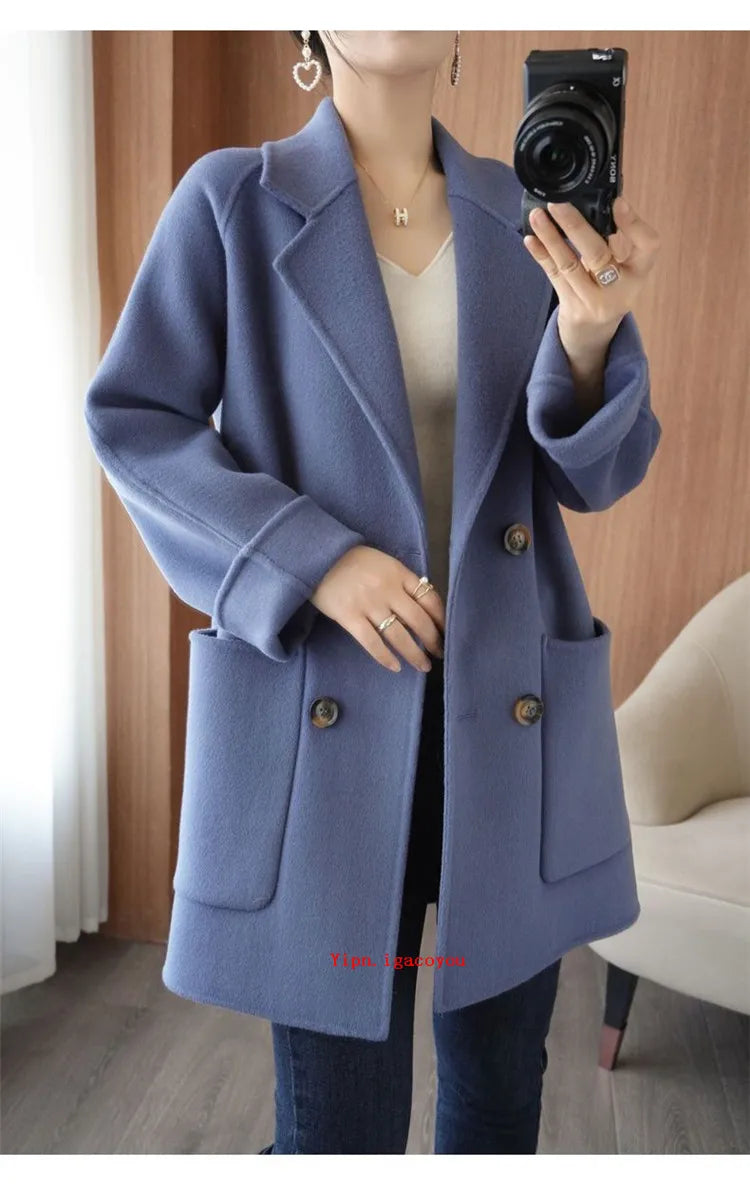Autumn 100% Pure Wool Double-Sided Cashmere Coat Women Fashion Mid-Length Double-Breasted Wool Jacket Female Loose Overcoat B549