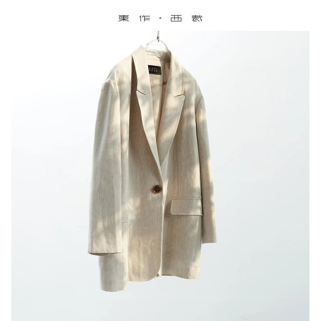 Natural Raindrop Linen Oversize Suit Jacket Women's Boyfriend Style Casual Blazer Loose Shape Top（No Shoulder Pads）
