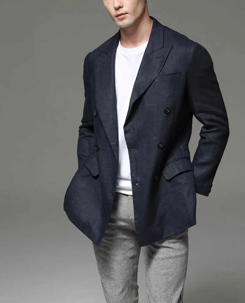 Fashion Summer Men Linen Blazer Suit Coat  Blazer Solid Color Jacket Double Breasted Slim Fit Breathable Business Work Casual