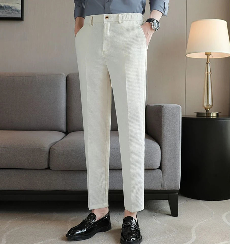 Trousers For Men Social Tailoring Slim Fit Khaki Business Waffle Tressed Work Wear Man Suits Pants Luxury Luxury Spring Clothes