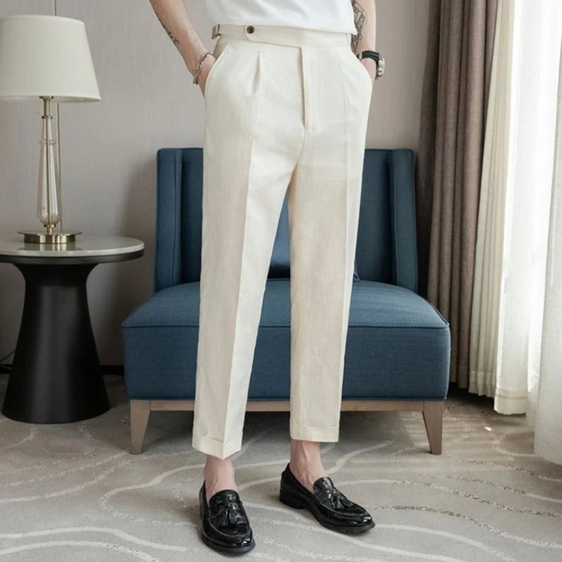Linen Straight Business Man 9 Cropped Suits Pants Summer 2025 New in Suit Trousers for Men Fashion Luxury Spring Formal Clothes