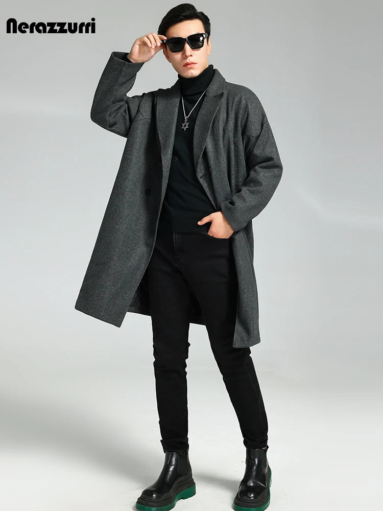 Nerazzurri Autumn Winter Grey Warm Fluffy Woolen Coat for Men Double Breasted Loose Casual Korean Fashion Wool & blends Coat
