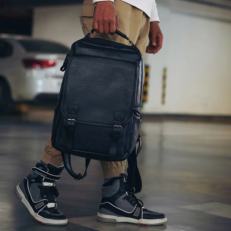 Large Capacity Laptop Backpack Men Casual Fashion Bags For Men Retro Zipper PU Leather Backpacks Male Travel Waterproof Bag Man