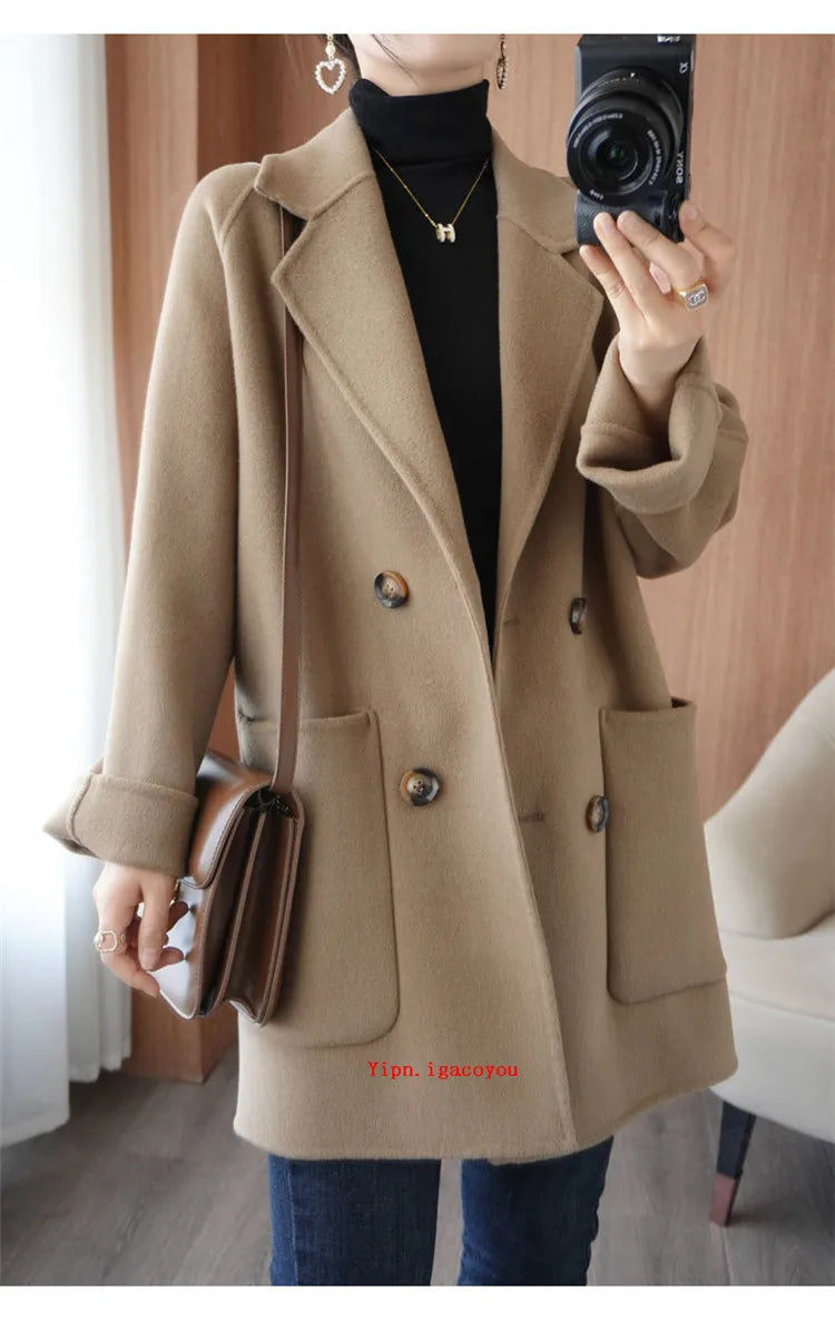 Autumn 100% Pure Wool Double-Sided Cashmere Coat Women Fashion Mid-Length Double-Breasted Wool Jacket Female Loose Overcoat B549
