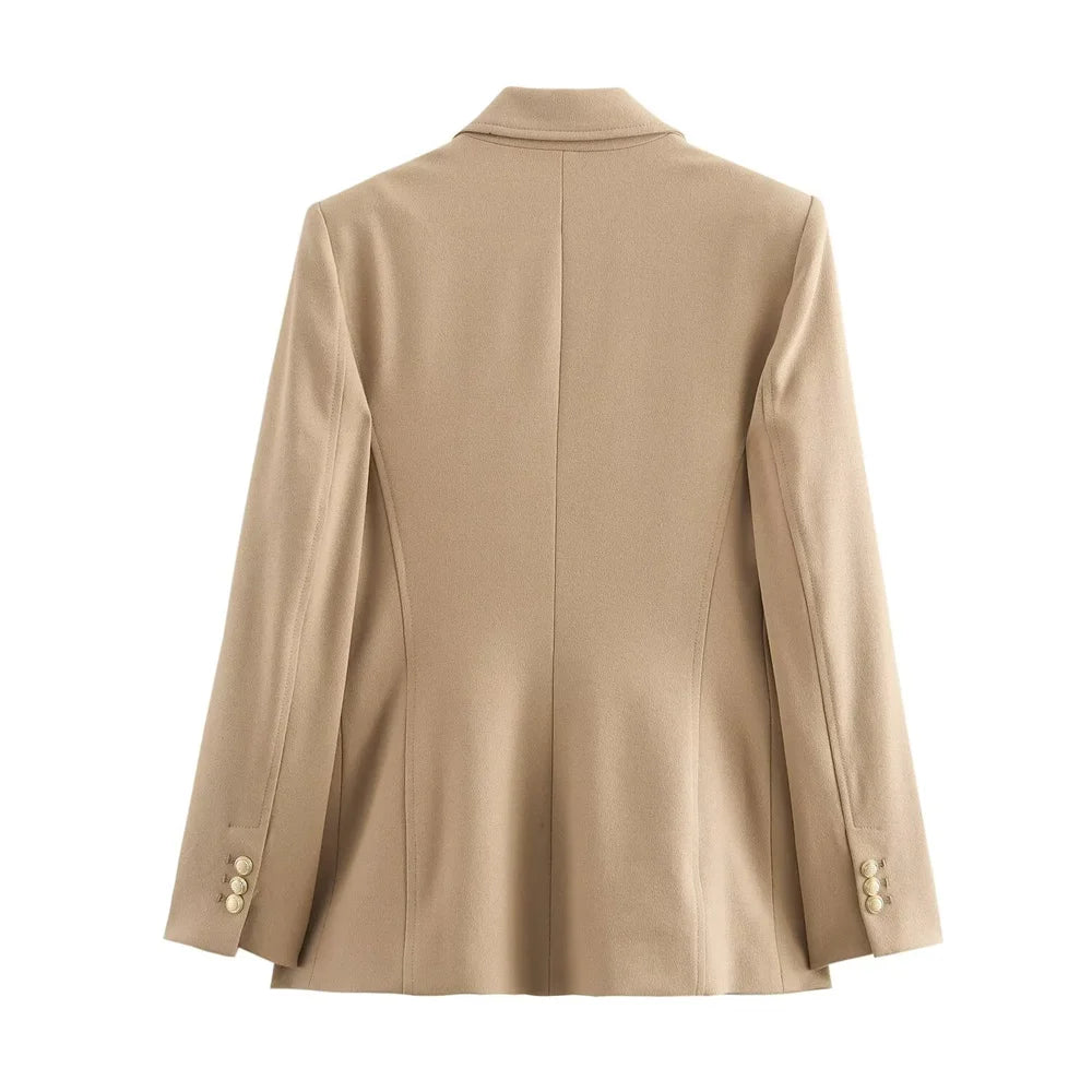 PB&ZA Women's Navy Blue Single Breasted Blazer Gold Buttons Classic Lapel and Pockets Ideal for Professional and Stylish Looks