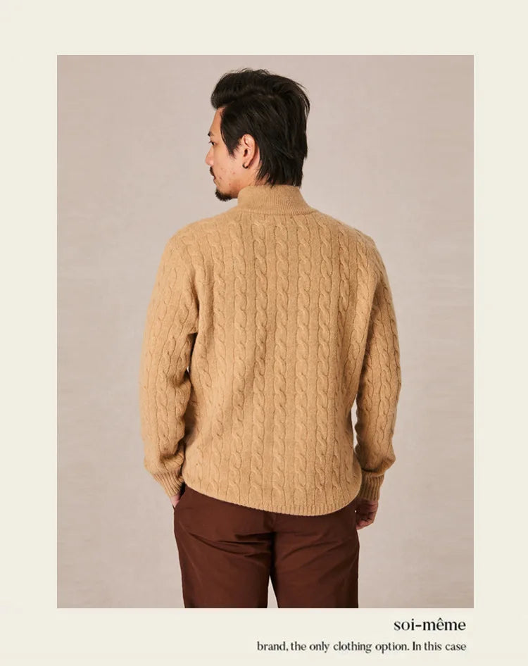 Autumn and winter retro half turtleneck zipper cashmere sweater men's loose pullover cable knit sweater coat trend