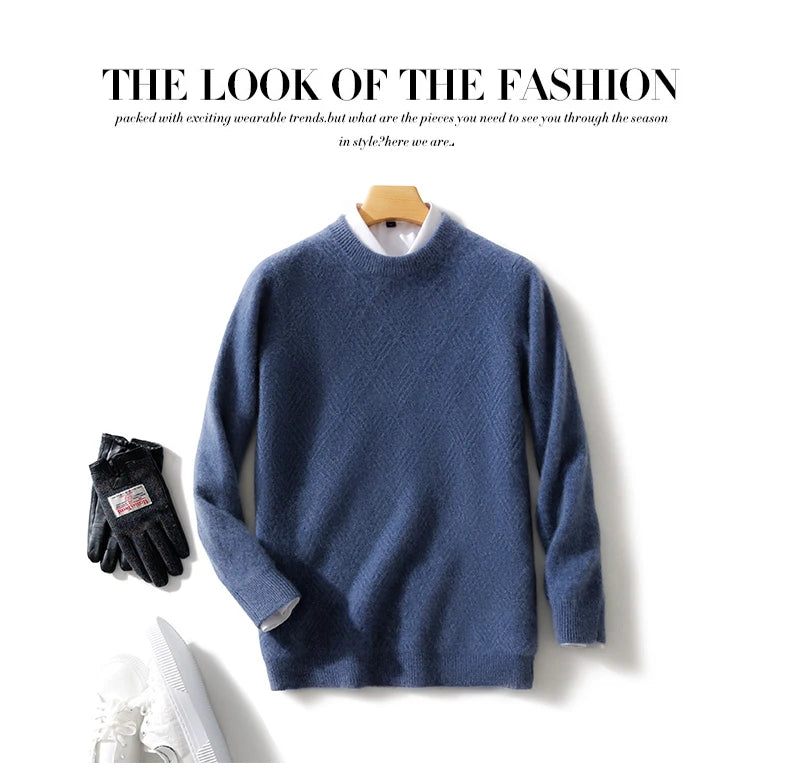 Autumn and winter round neck 100% wool sweater men's sweater with knitted warm base sweater, high-end top