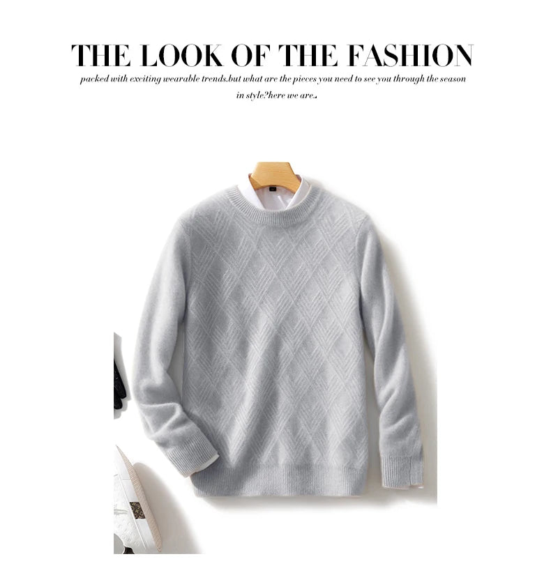 Autumn and winter round neck 100% wool sweater men's sweater with knitted warm base sweater, high-end top