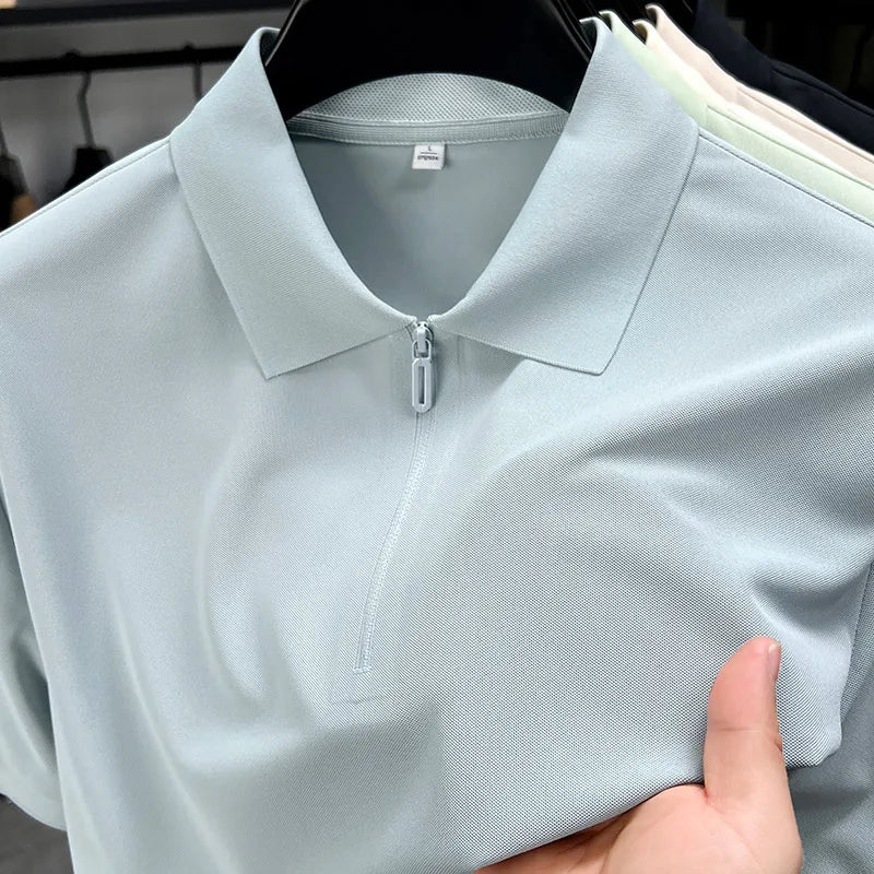 Men's Half-Zip Polo Shirt Light Beige Breathable Casual Slim Fit Stretch Cotton Classic Collar Business Casual Tops