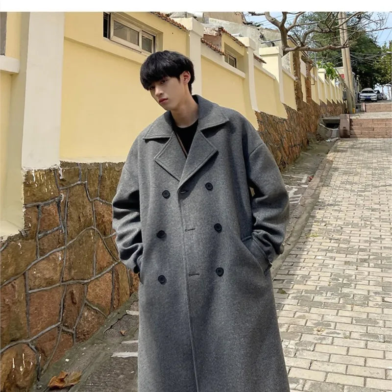 Long Dust Coat Men Winter Korean-style Trench Mens Solid Double Breasted Woolen Cloth Coat Loose Casual Trenchcoat Outwear