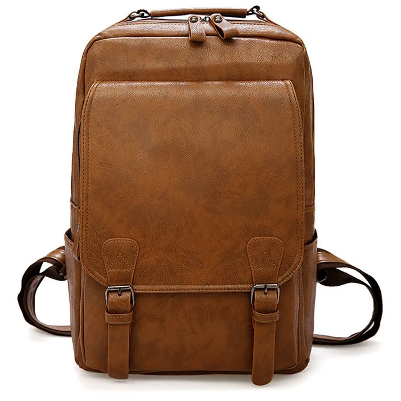 Large Capacity Laptop Backpack Men Casual Fashion Bags For Men Retro Zipper PU Leather Backpacks Male Travel Waterproof Bag Man