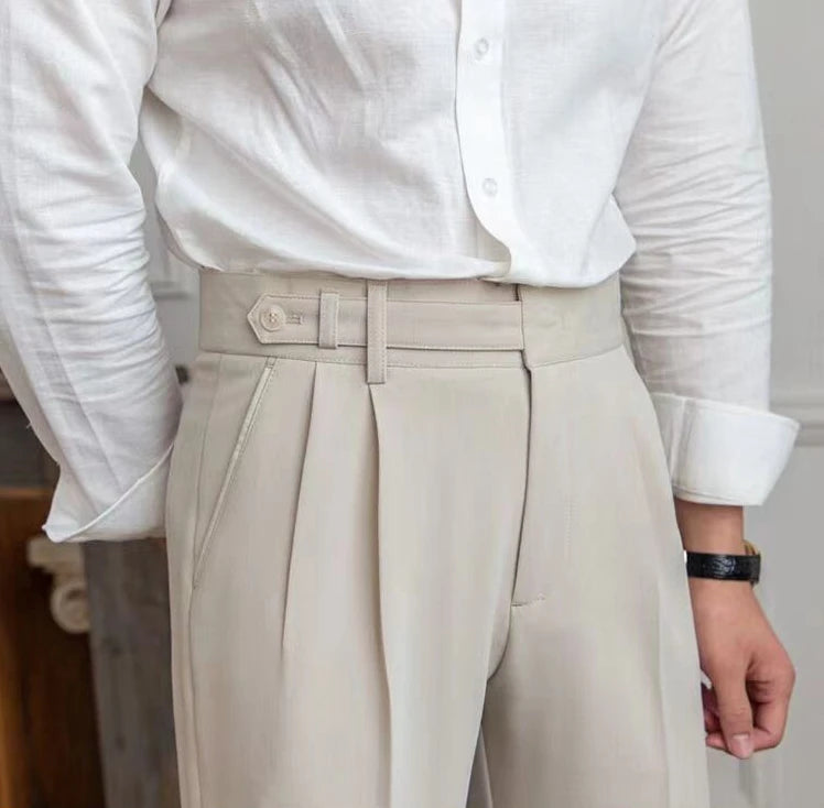 High Waist Pleated Man Suits Pants 9 Cropped Business Social Tailoring Quality Fabric Trousers for Men Classic Dress Elegant Up