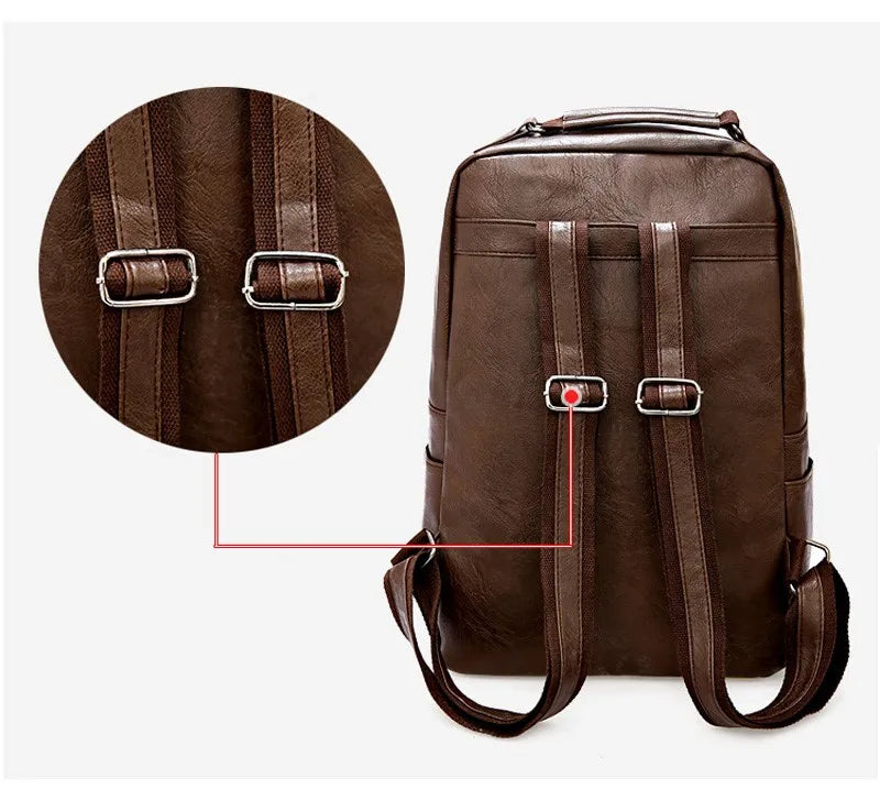 Large Capacity Laptop Backpack Men Casual Fashion Bags For Men Retro Zipper PU Leather Backpacks Male Travel Waterproof Bag Man