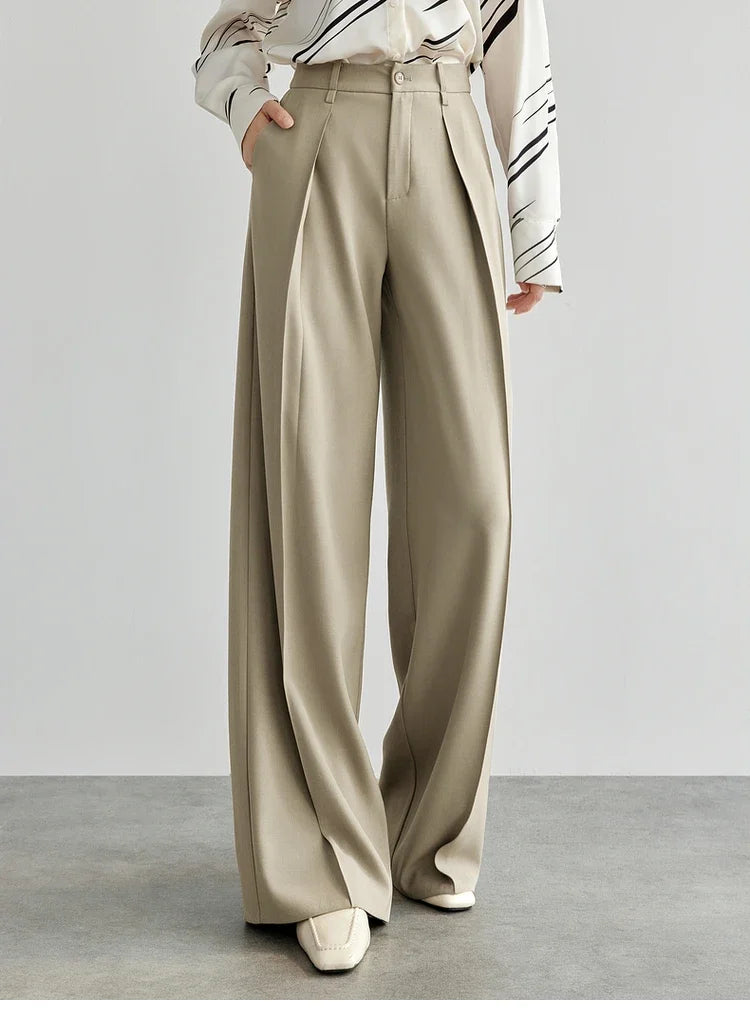 SENTUBILA Women's Tailored Trousers Formal Solid High-waist Folds Twill Workwear Pockets Full-length Pants 2025 Spring 151K57704