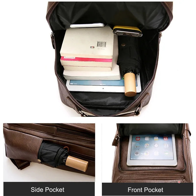 Large Capacity Laptop Backpack Men Casual Fashion Bags For Men Retro Zipper PU Leather Backpacks Male Travel Waterproof Bag Man