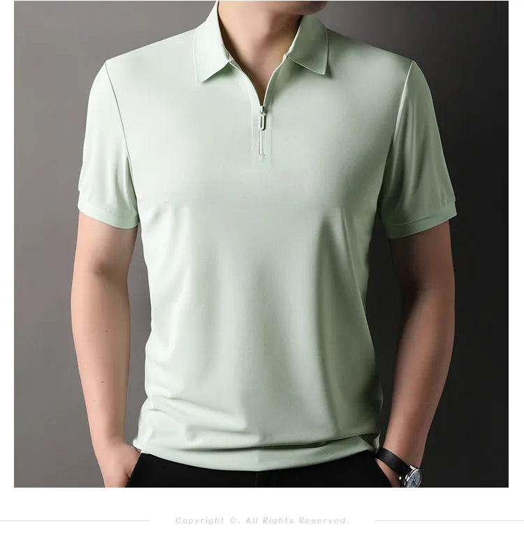 Men's Half-Zip Polo Shirt Light Beige Breathable Casual Slim Fit Stretch Cotton Classic Collar Business Casual Tops