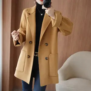 Autumn 100% Pure Wool Double-Sided Cashmere Coat Women Fashion Mid-Length Double-Breasted Wool Jacket Female Loose Overcoat B549