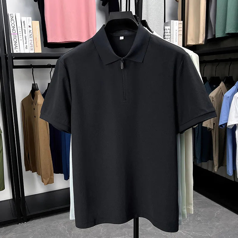 Men's Half-Zip Polo Shirt Light Beige Breathable Casual Slim Fit Stretch Cotton Classic Collar Business Casual Tops