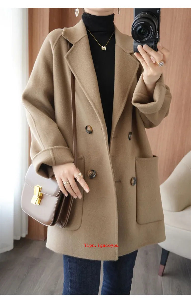 Autumn 100% Pure Wool Double-Sided Cashmere Coat Women Fashion Mid-Length Double-Breasted Wool Jacket Female Loose Overcoat B549