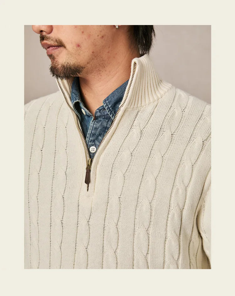 Autumn and winter retro half turtleneck zipper cashmere sweater men's loose pullover cable knit sweater coat trend