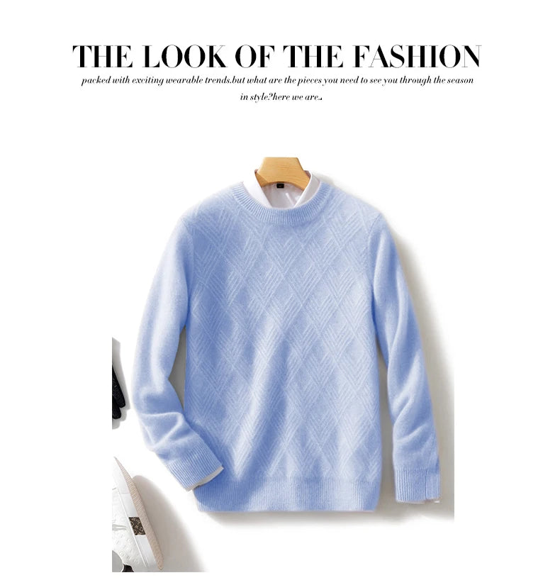 Autumn and winter round neck 100% wool sweater men's sweater with knitted warm base sweater, high-end top