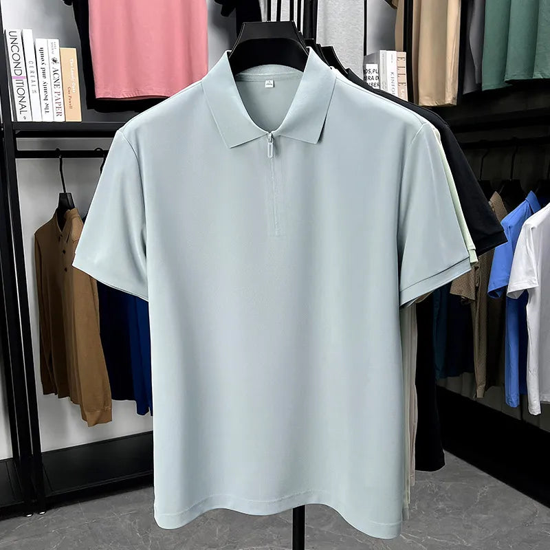 Men's Half-Zip Polo Shirt Light Beige Breathable Casual Slim Fit Stretch Cotton Classic Collar Business Casual Tops
