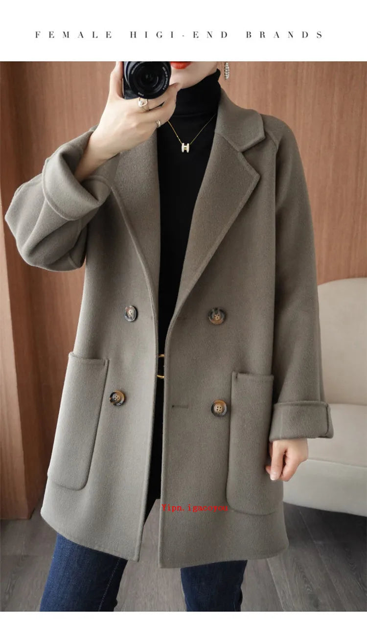 Autumn 100% Pure Wool Double-Sided Cashmere Coat Women Fashion Mid-Length Double-Breasted Wool Jacket Female Loose Overcoat B549