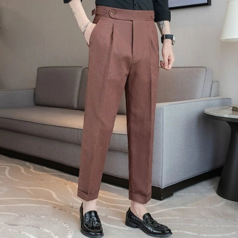 Linen Straight Business Man 9 Cropped Suits Pants Summer 2025 New in Suit Trousers for Men Fashion Luxury Spring Formal Clothes