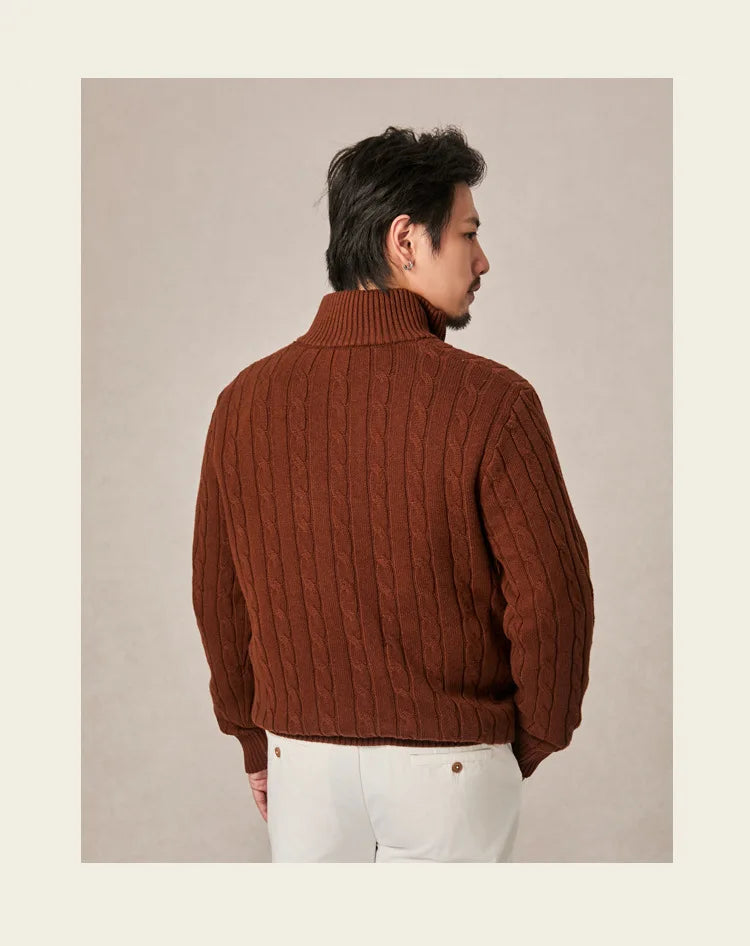 Autumn and winter retro half turtleneck zipper cashmere sweater men's loose pullover cable knit sweater coat trend