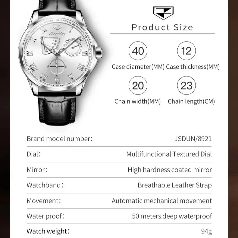 JSDUN 8921 Men's Watch Fashionable and Minimalist Business Waterproof Leather Strap Luxury Brand Automatic Mechanical Men Watch