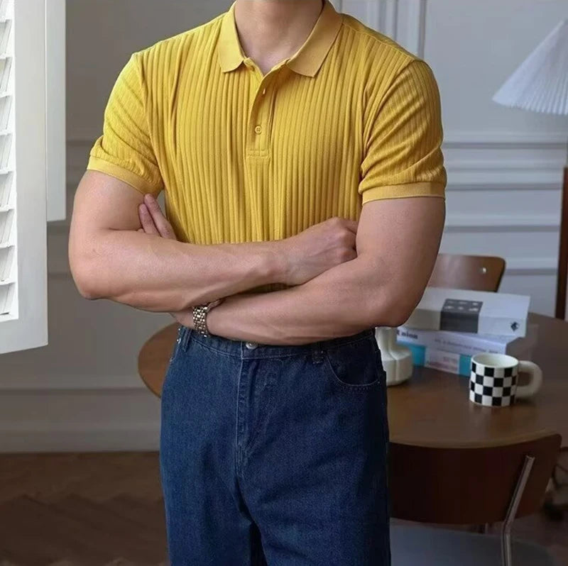 Vertical Stripe Knit Polo Men's Shirts Summer New Slim Solid Color Breathable Turn-Down Collar Business Short Sleeve Polo Tops