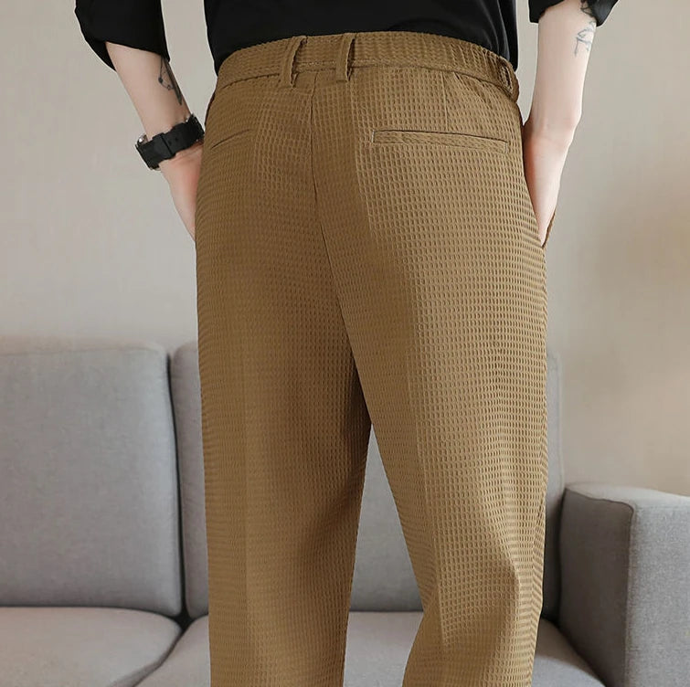 Trousers For Men Social Tailoring Slim Fit Khaki Business Waffle Tressed Work Wear Man Suits Pants Luxury Luxury Spring Clothes