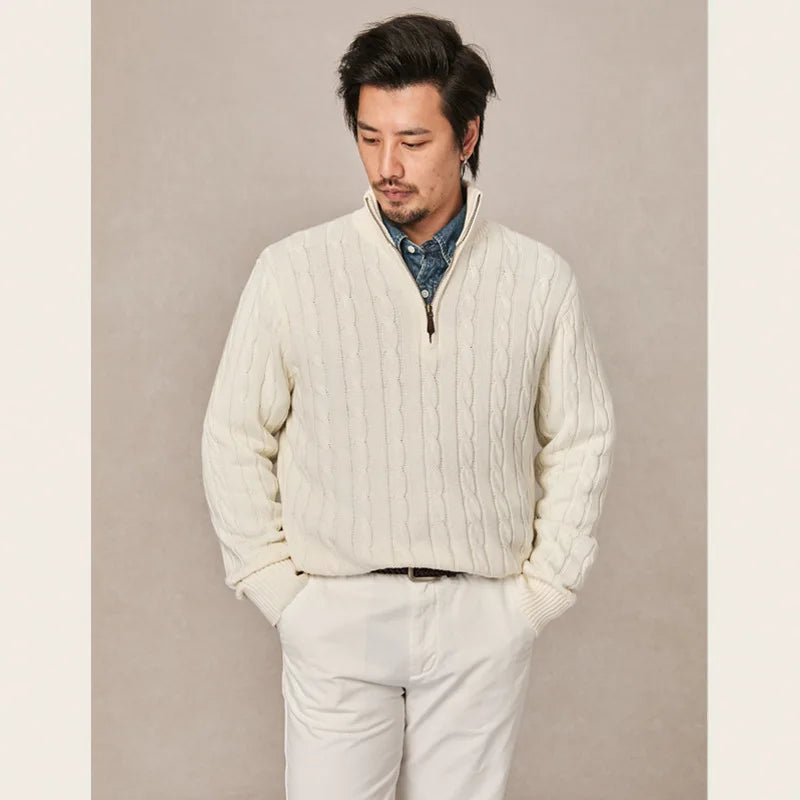 Autumn and winter retro half turtleneck zipper cashmere sweater men's loose pullover cable knit sweater coat trend